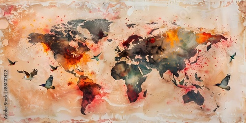 Bird migration map in watercolor showcasing global movement patterns of various species. Concept Bird Migration, Watercolor Art, Global Movement Patterns, Avian Routes, Nature Illustration photo