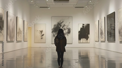 A solo visitor contemplating art at the contemporary museum in Shanghai, China photo