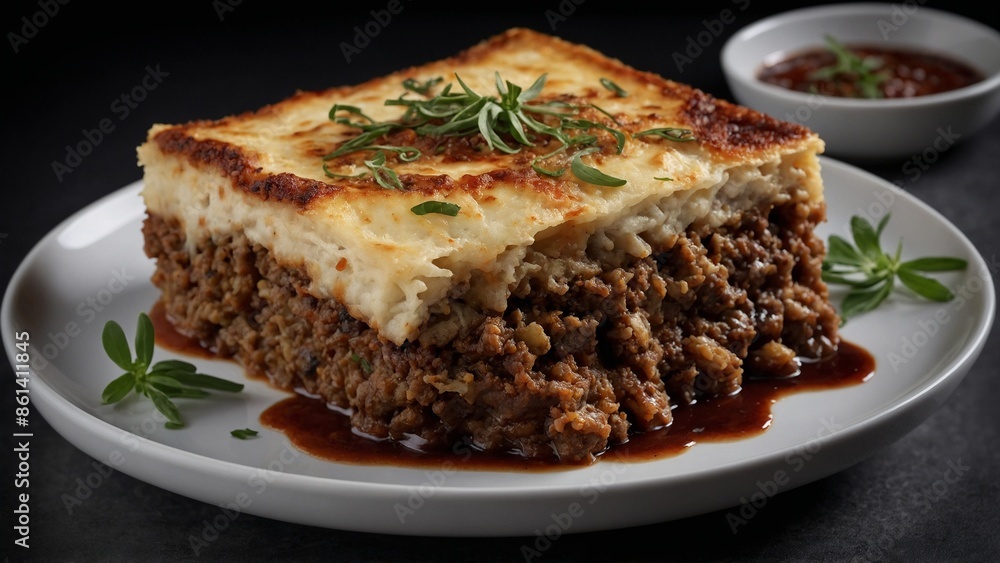 Full frame shot of a Moussaka greece food on a white dish Full frame shot of a Moussaka greece food on a white dish