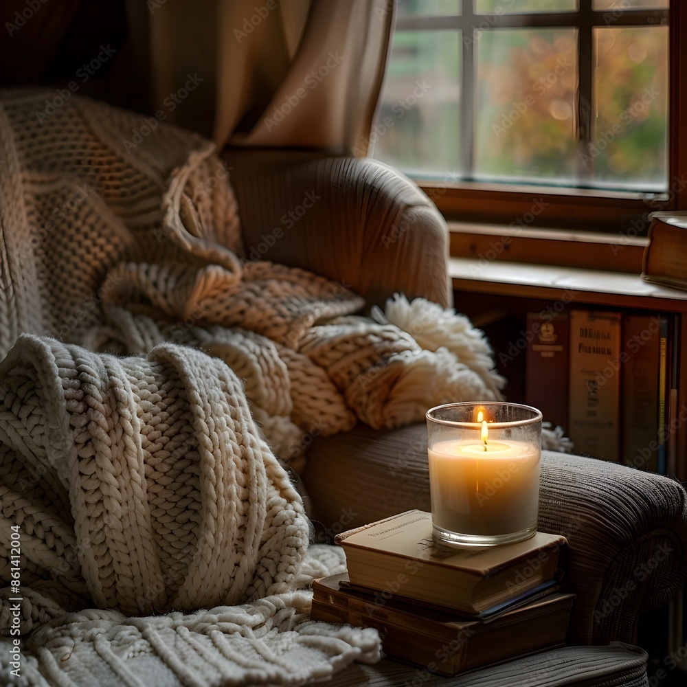Cozy Reading Nook with Plush Chair Stacks of Books and Warm Candlelight