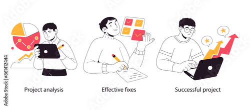 Business project management tools and phases - set of business concept illustrations. Visual stories collection.