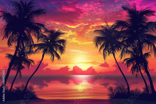 A breathtaking sunset over a serene tropical beach, featuring silhouetted palm trees against a vibrant sky. Generative AI
