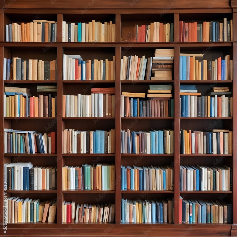 A large wooden bookshelf filled with various books of different colors and sizes A large wooden bookshelf filled with various books of different colors and sizes