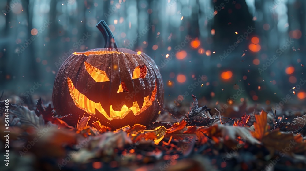 Illuminated jack-o-lantern in forest setting on halloween night Illuminated jack-o-lantern in forest setting on halloween night