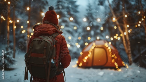 Winter Camping Adventure with Festive Lights in Snowy Forest