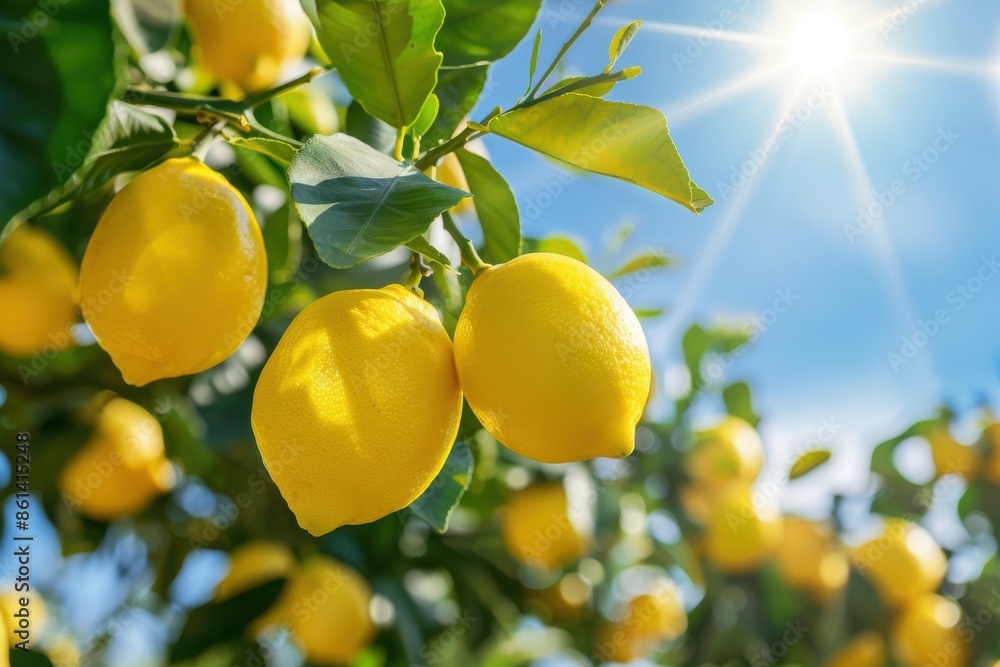 Ripe lemons hanging from a tree branch, bathed in sunshine. The bright yellow fruit and green leaves create a vibrant contrast against the blue sky. Ripe lemons hanging from a tree branch, bathed in sunshine. The bright yellow fruit and green leaves create a vibrant contrast against the blue sky.