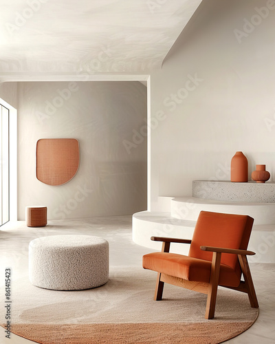 Terra cotta accent armchair in spacious room with steps and stucco wall. Minimalist, japandi interior design of modern living room.