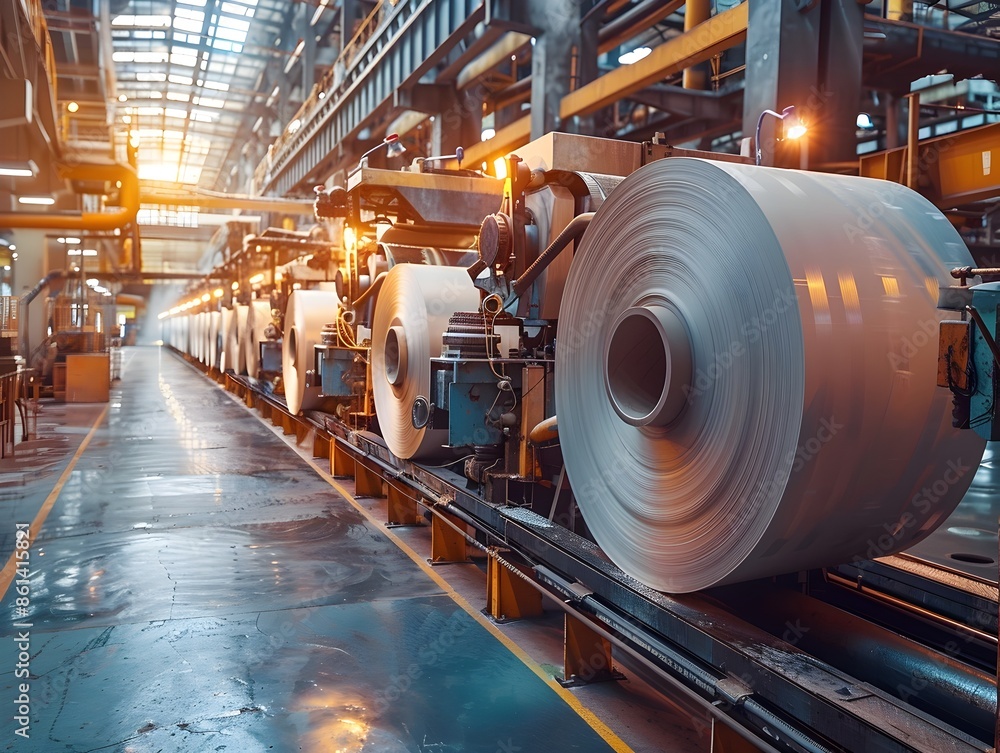 Massive Paper Mill with Rolls and Industrial Machinery in Massive Paper Mill with Rolls and Industrial Machinery in
