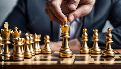 Wallpaper Mural Close up of businessman hand moving gold Chess King figure and Checkmate opponent during chessboard competition, digital illustration created with generative ai. Torontodigital.ca