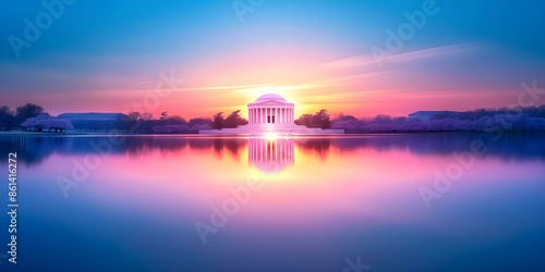 Sunrise at Jefferson Memorial with pink cherry blossoms over lake in Washington. Concept Outdoor Photoshoot, Sunrise Photography, Cherry Blossoms, Washington DC, Jefferson Memorial photo