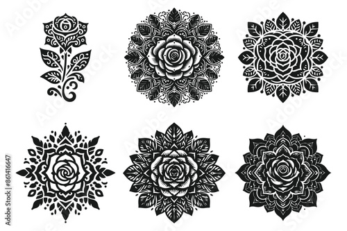 a simple rose mandala design silhouette style with white background photo