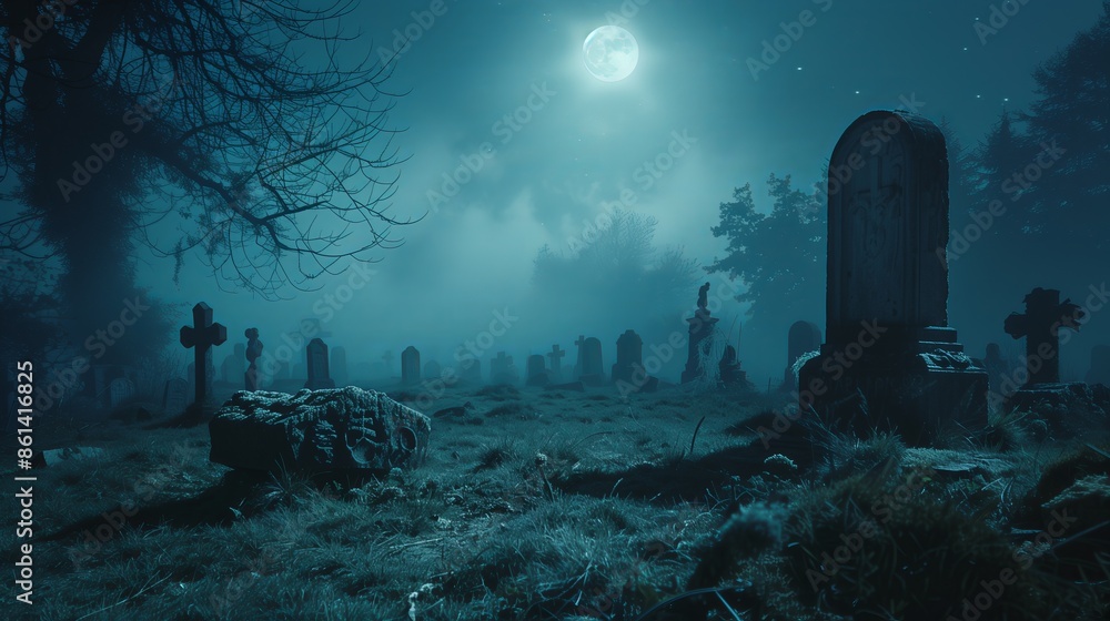 A foggy graveyard under the moonlight A foggy graveyard under the moonlight