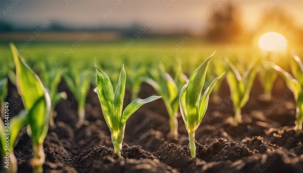 Fresh green sprouts of maize in spring on the field, soft focus. Growing young green corn seedling sprouts in cultivated agricultural farm field. Agricultural scene with corn's sprouts in soil. Fresh green sprouts of maize in spring on the field, soft focus. Growing young green corn seedling sprouts in cultivated agricultural farm field. Agricultural scene with corn's sprouts in soil.