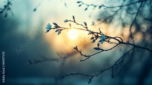 a branch with leaves and a sun in the background photo