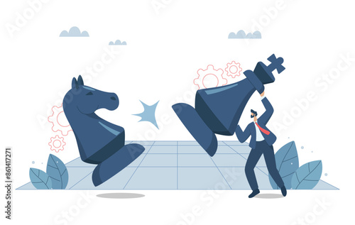 Strategic business planning, Strategizing to compete with competitors, Business confrontation, Businessman moving a large chess piece against a business competitor. Vector design illustration. photo