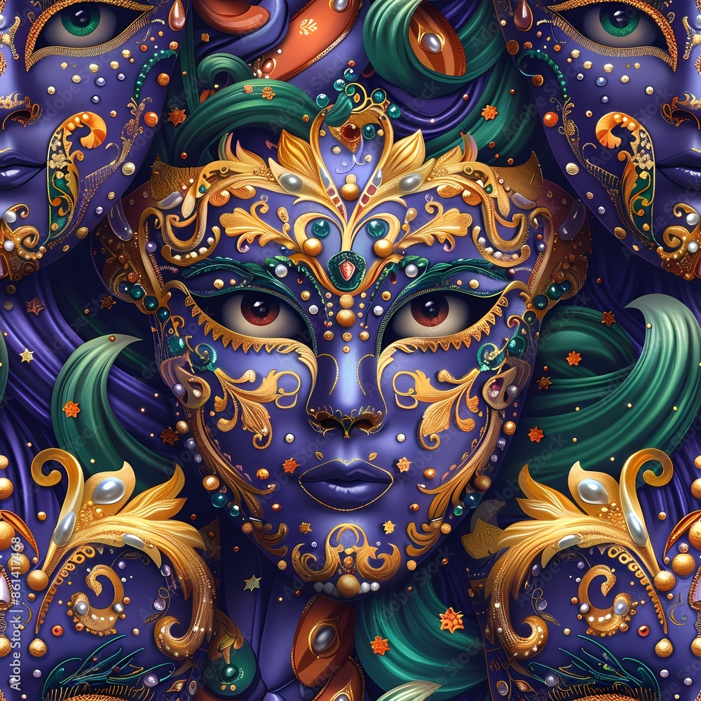 A seamless pattern.A vibrant Mardi Gras vector design featuring masks, beads, and festive floats, crafted in seamless style against a lively purple, green, and gold background. A seamless pattern.A vibrant Mardi Gras vector design featuring masks, beads, and festive floats, crafted in seamless style against a lively purple, green, and gold background.