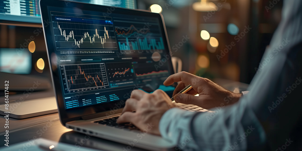 Business data analytics dashboard. Data management system. Data scientist analyzing data on laptop Business data analytics dashboard. Data management system. Data scientist analyzing data on laptop