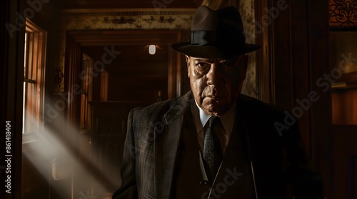 Vintage Detective in Dimly Lit Room with Dramatic Light Rays and Classic Attire