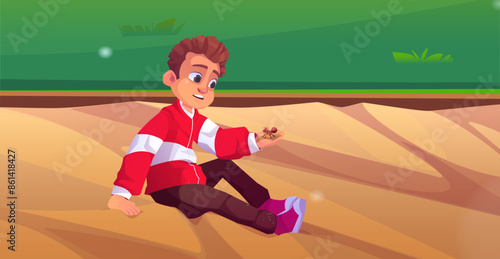 Kid boy explorer watching on ant insect vector. Grass in public park and sand summer landscape. Sunny day game environment for alone surprised casual child sitting in sandbox cartoon illustration