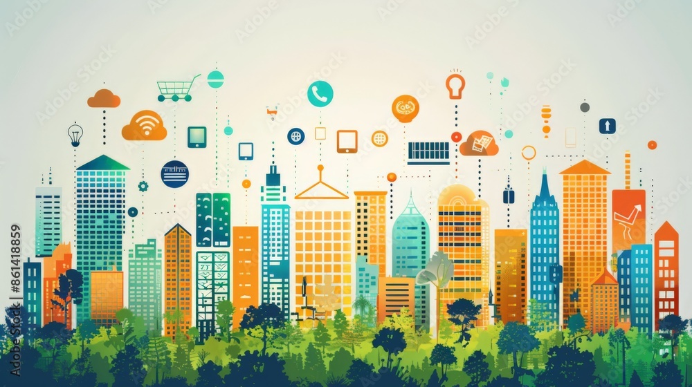 Fototapeta premium A vibrant illustration of a cityscape with various skyscrapers and tech icons above, depicting modern technology integration.