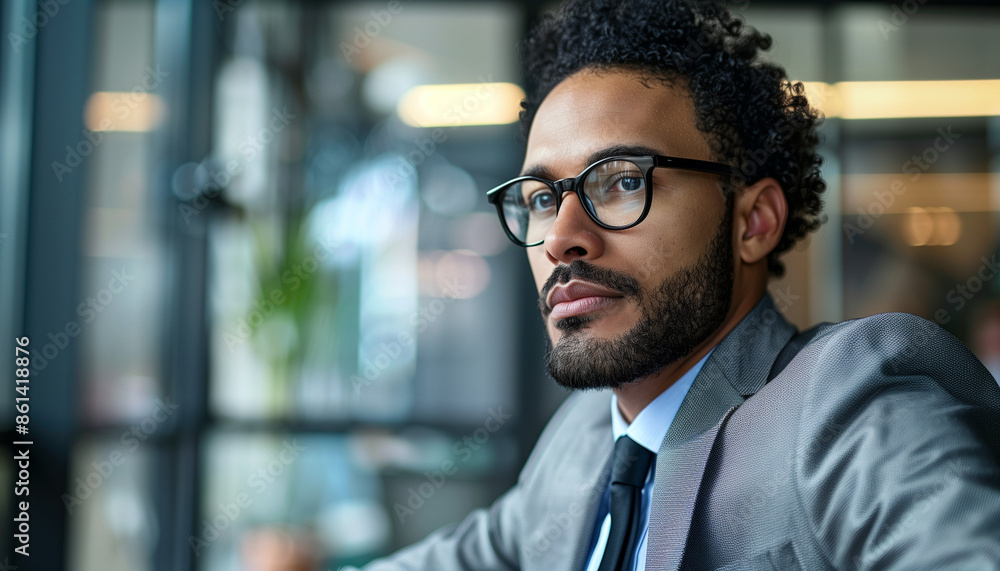 Fototapeta premium A thoughtful businessman in glasses looks out in contemplation, reflecting on his goals and aspirations in a modern office environment