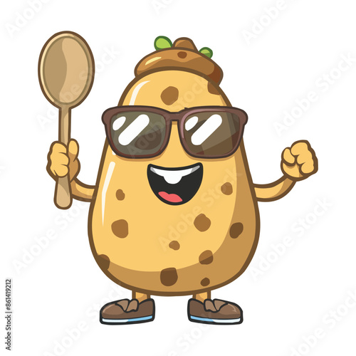 Cartoon happy king potato character with sunglasses holding up a Spoon photo