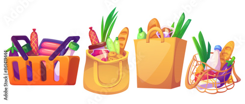 Supermarket grocery bag and food cart cartoon. Market basket with vegetable and bread to purchase for picnic isolated icon design. Shopping eco tote element with fresh healthy ingredient concept