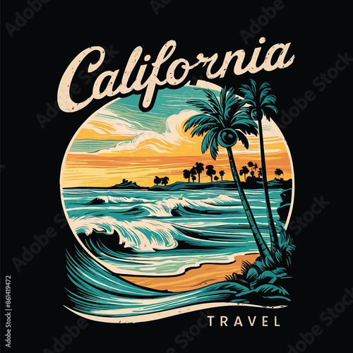 Wallpaper Mural California santa monica beach t-shirt design. Retro summer beach design for apparel and others Torontodigital.ca