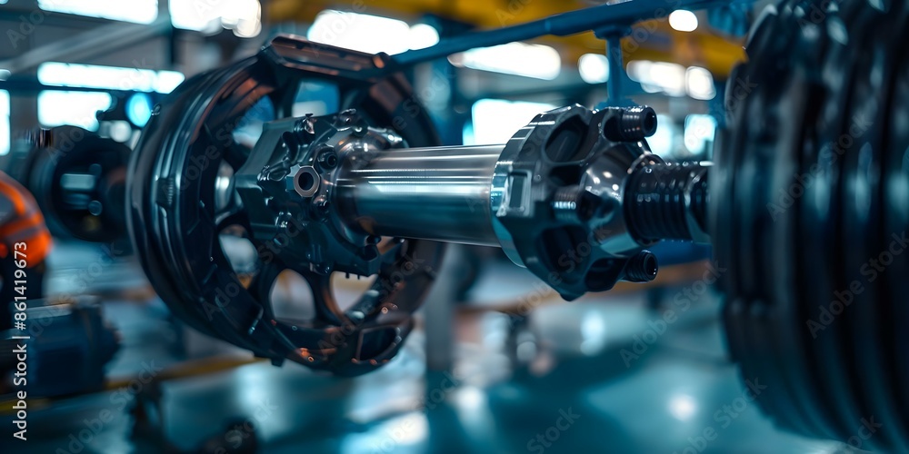 Fototapeta premium Selective focus used during installation of new CV joint driveshaft. Concept Automotive Maintenance, CV Joint Driveshaft, Selective Focus, Repair Procedure