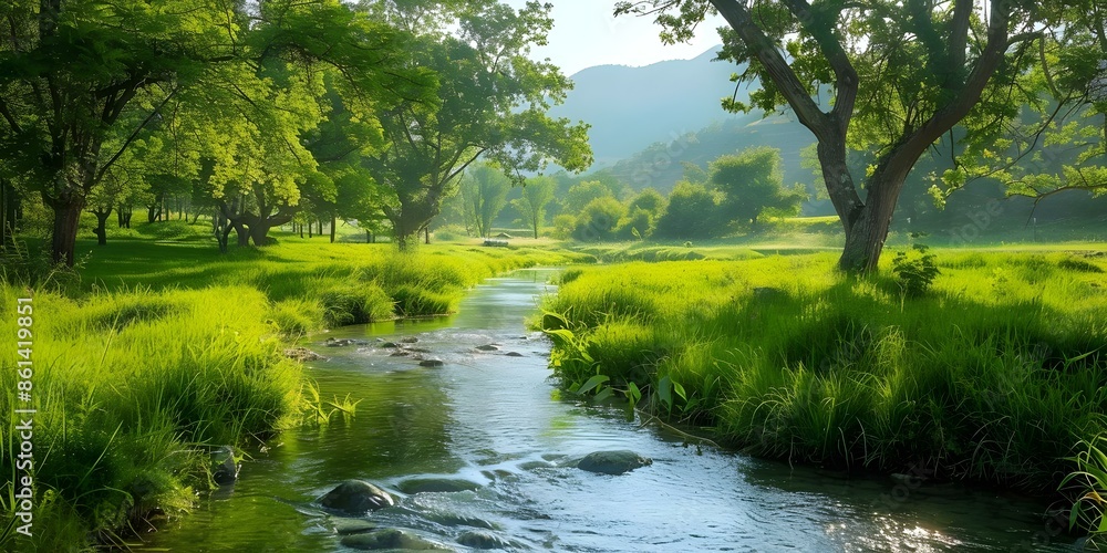 Tranquil scene of lush landscape with gentle stream and vibrant green pastures. Concept Landscape Photography, Tranquil Scenes, Lush Greenery, Stream Photography, Vibrant Pastures Tranquil scene of lush landscape with gentle stream and vibrant green pastures. Concept Landscape Photography, Tranquil Scenes, Lush Greenery, Stream Photography, Vibrant Pastures