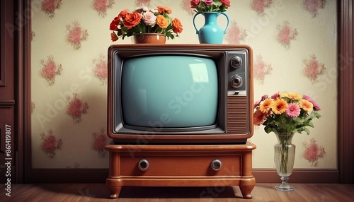 Retro television set in the old style room with flowers in a vase, digital illustration created with generative ai.