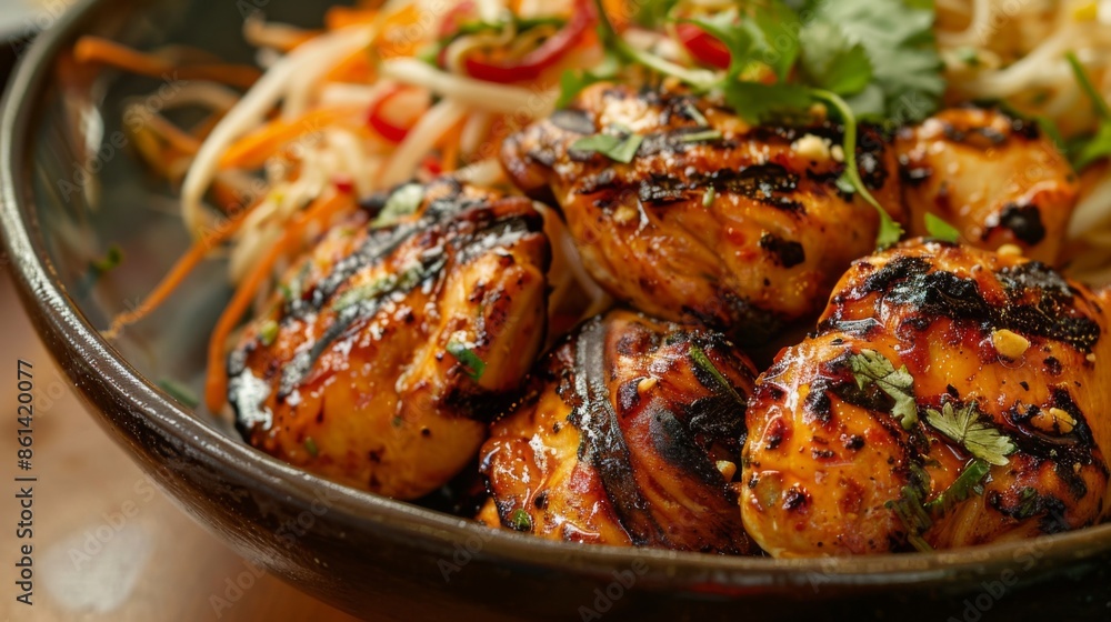 Close-up of Thai grilled chicken marinated in lemongrass and served with spicy papaya salad Close-up of Thai grilled chicken marinated in lemongrass and served with spicy papaya salad