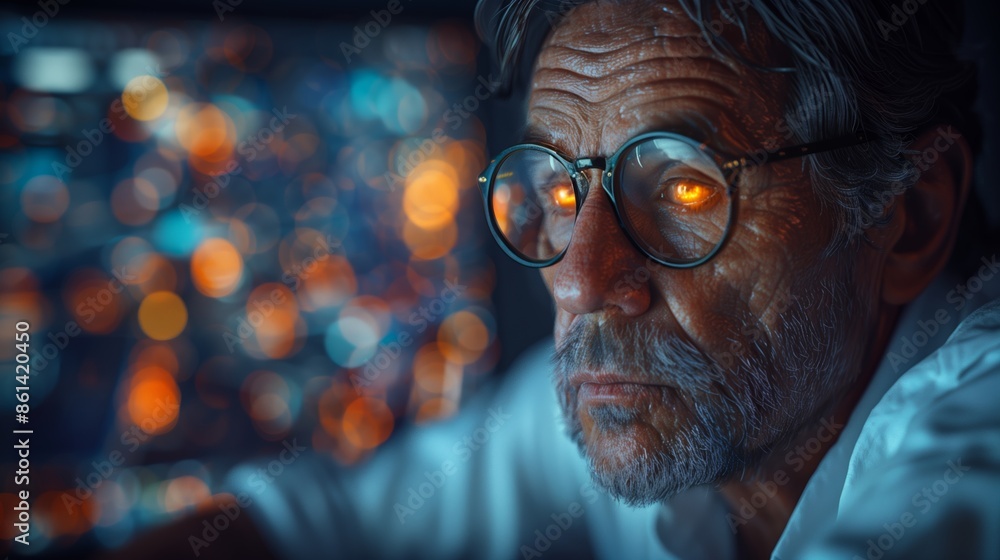 Close Up of an Elderly Man With Glowing Eyes Looking at a Computer Screen Close Up of an Elderly Man With Glowing Eyes Looking at a Computer Screen