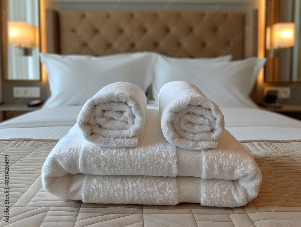 White fresh towels on bed in hotel room. Creative banner for hotel service White fresh towels on bed in hotel room. Creative banner for hotel service