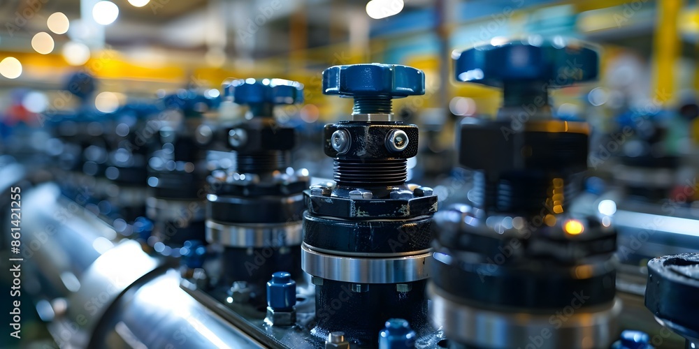 Industrial machinery with multiple valves for controlling liquid flow is crucial. Concept Industrial Machinery, Valves, Liquid Flow Control Industrial machinery with multiple valves for controlling liquid flow is crucial. Concept Industrial Machinery, Valves, Liquid Flow Control