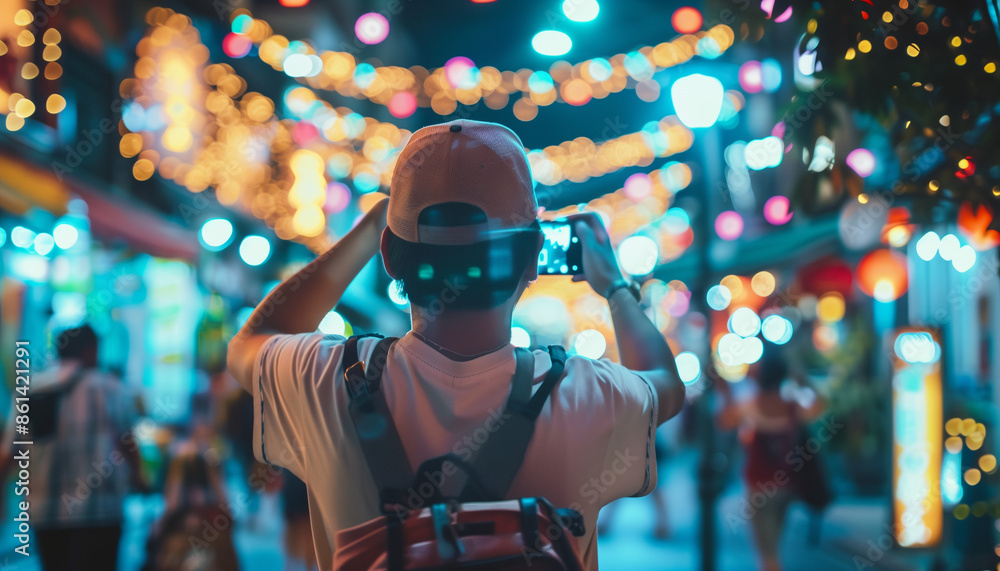 A person capturing the festive city lights with their phone, immersed in the vibrant, celebratory atmosphere of a bustling street at night A person capturing the festive city lights with their phone, immersed in the vibrant, celebratory atmosphere of a bustling street at night