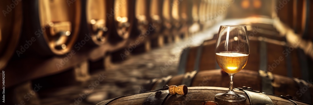 whisky barrel storage warehouse with a glass of whisky for test taste