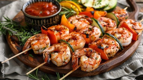 Grilled shrimp skewers arranged neatly on a platter with grilled vegetables and dipping sauce © Plaifah