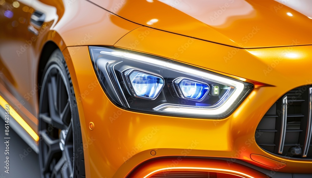 Close up perspective of car s headlights shining brightly in the darkness of the night Close up perspective of car s headlights shining brightly in the darkness of the night