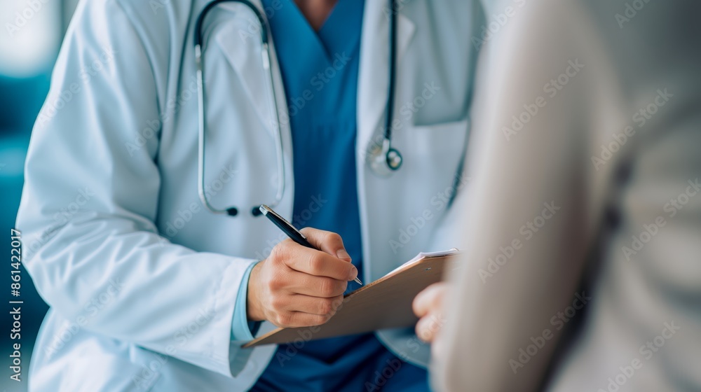 Doctor writing notes during a patient consultation, focusing on professional healthcare and medical examination in a clinical setting. Doctor writing notes during a patient consultation, focusing on professional healthcare and medical examination in a clinical setting.