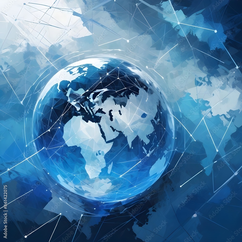 A digital globe with a world map surrounded by abstract blue and white geometric shapes, representing technology, connectivity, and globalization A digital globe with a world map surrounded by abstract blue and white geometric shapes, representing technology, connectivity, and globalization
