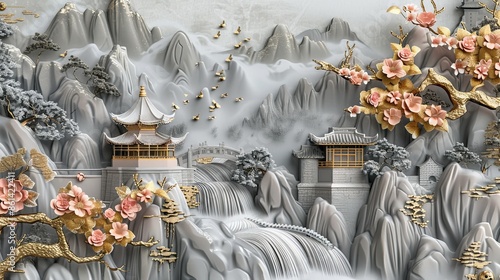 3D luxury wallpaper mural with a golden landscape and cherry blossoms, a silver waterfall, mountains and clouds in the background, and gold buildings on a gray stone background. 