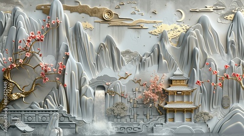 3D luxury wallpaper mural with a golden landscape and cherry blossoms, a silver waterfall, mountains and clouds in the background, and gold buildings on a gray stone background. 