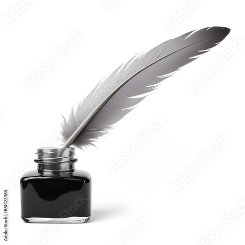Quill and inkwell, feather and ink on a white background