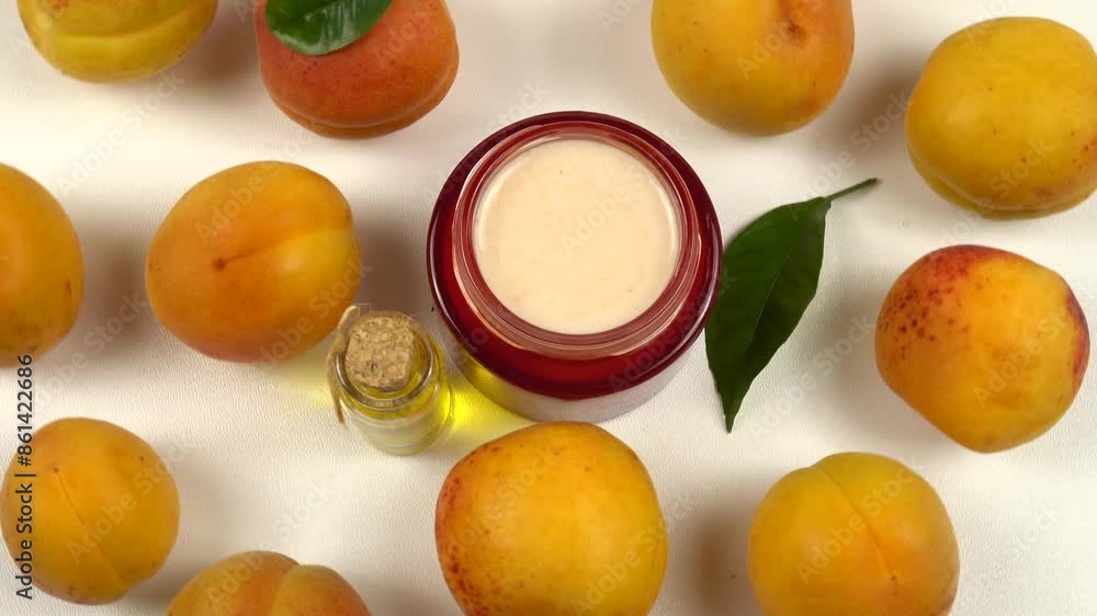 Glass bottle with apricot kernel oil and red jar with cosmetic cream, ripe fresh apricots are on a white table Glass bottle with apricot kernel oil and red jar with cosmetic cream, ripe fresh apricots are on a white table