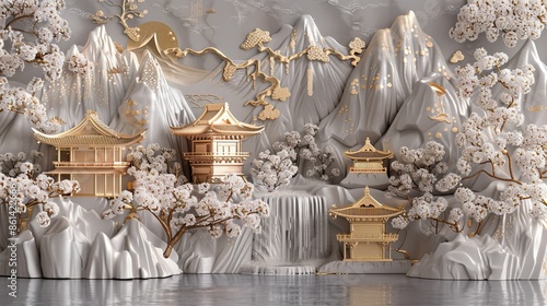 3D luxury wallpaper mural with a golden landscape and cherry blossoms, a silver waterfall, mountains and clouds in the background, and gold buildings on a gray stone background. 