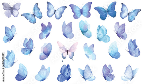 Butterfly collection. Watercolor illustration. Colorful Butterflies clipart set. Baby shower design elements. Party invitation, birthday celebration. Spring or summer decoration