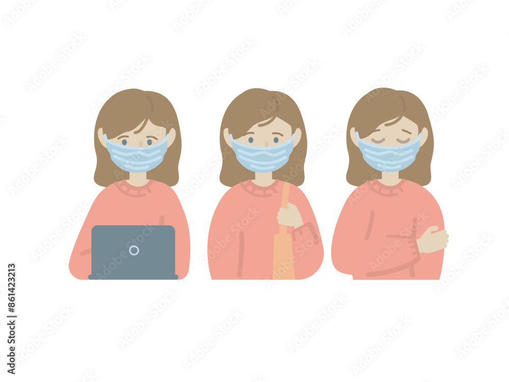 Woman character wearing a mask. With a laptop, a bag and sad. Woman character wearing a mask. With a laptop, a bag and sad.