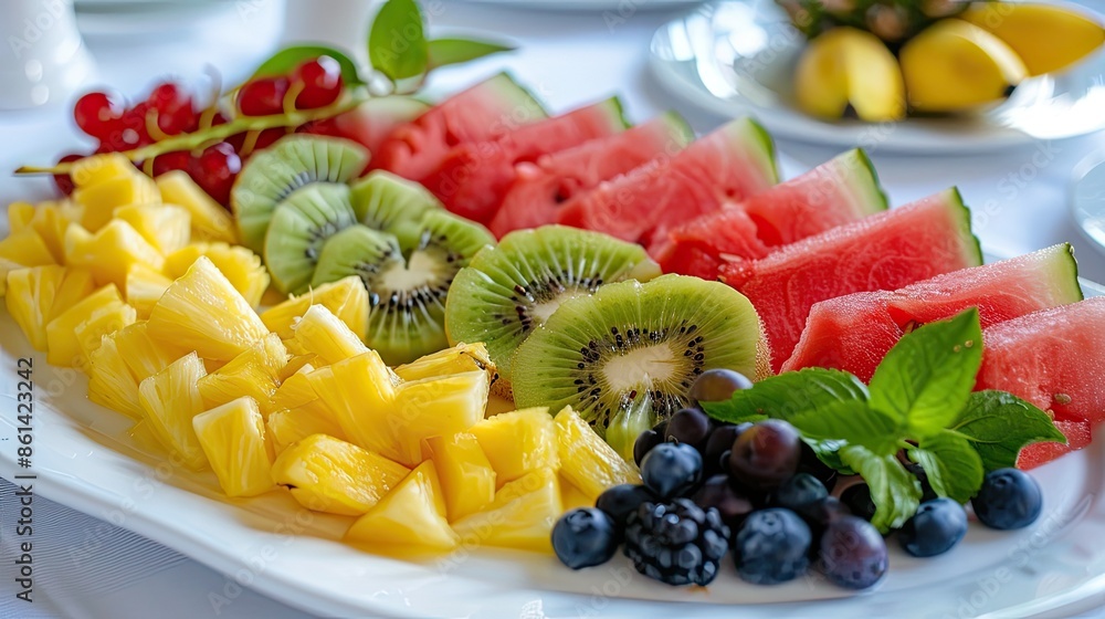 A colorful fruit platter with slices of watermelon, pineapple, kiwi, and berries arranged in an appealing pattern on a white plate A colorful fruit platter with slices of watermelon, pineapple, kiwi, and berries arranged in an appealing pattern on a white plate