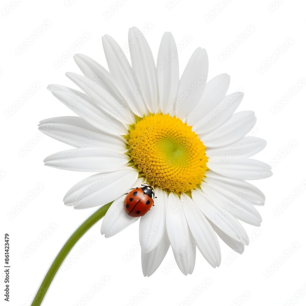 Fototapeta premium A close-up of a white daisy flower with a yellow center, and a ladybug crawling on one of the petals against a plain white background
